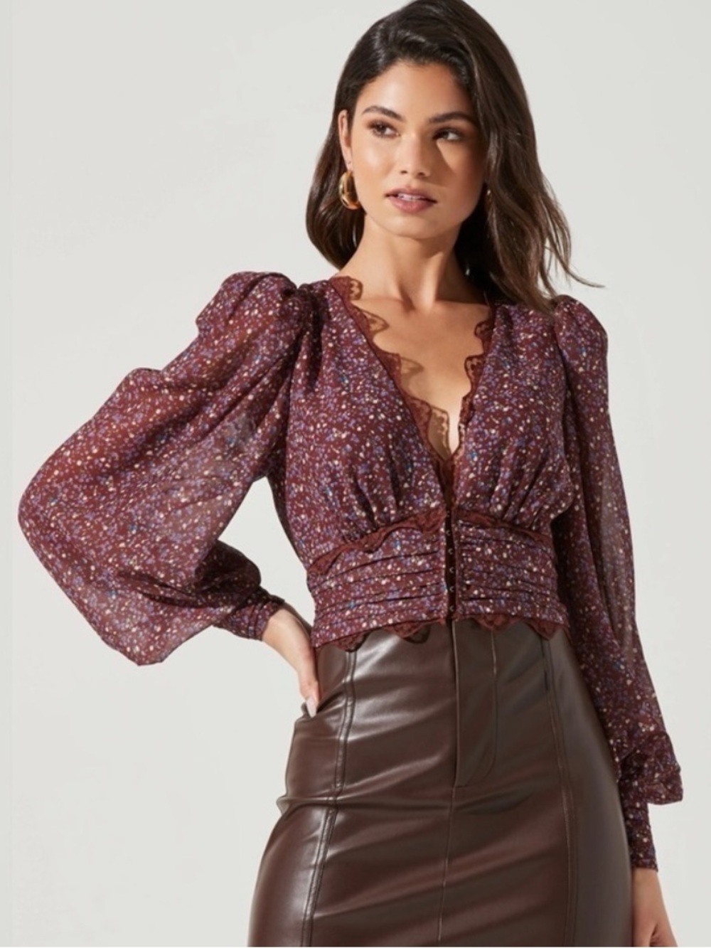 ASTR The Label Zanna Ditsy Floral Lace Trim Top